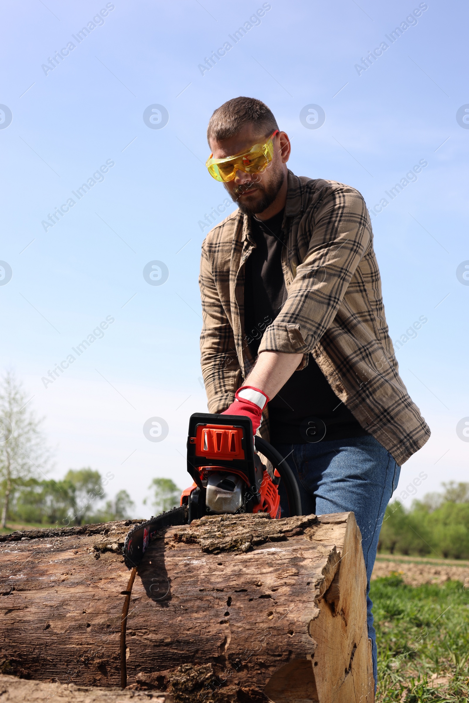 Photo of Man sawing wooden log on sunny day