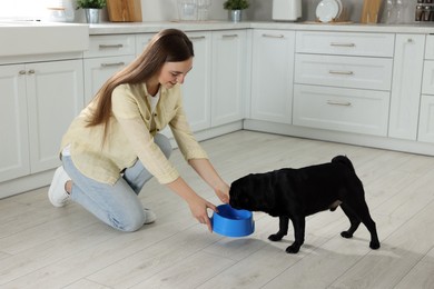 Beautiful young woman feeding her adorable Pug dog in kitchen