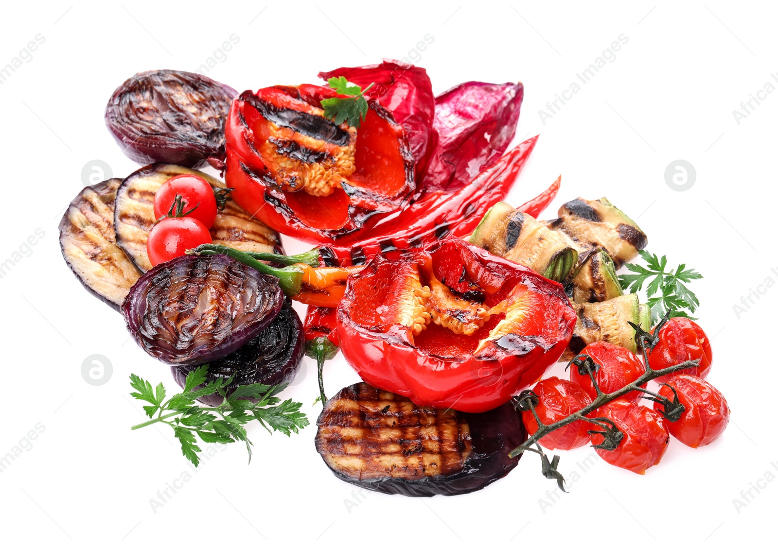 Photo of Different delicious grilled vegetables isolated on white