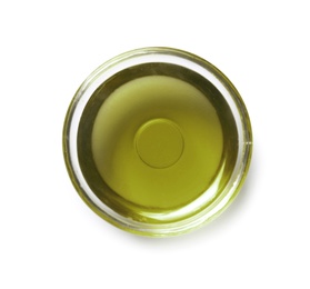 Photo of Bowl with hemp oil on white background