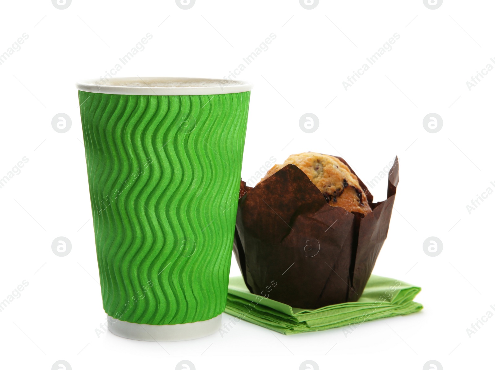 Photo of Cardboard cup of coffee and tasty muffin on white background
