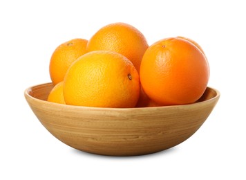 Fresh oranges in bowl on wooden table against white background