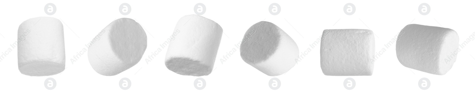 Image of Set with delicious sweet puffy marshmallows on white background. Banner design