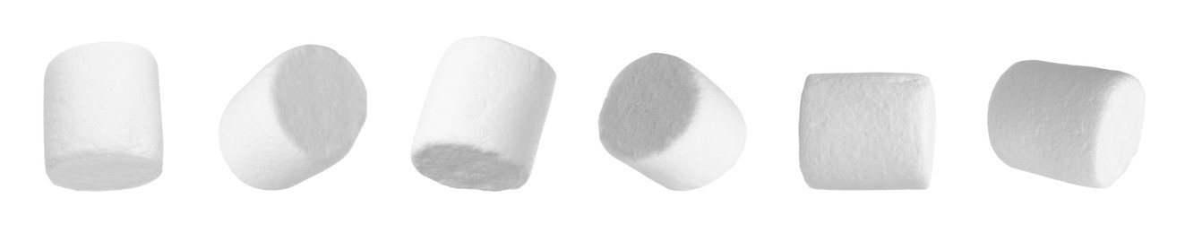 Set with delicious sweet puffy marshmallows on white background. Banner design