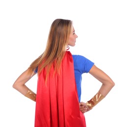 Woman wearing superhero costume on white background, back view