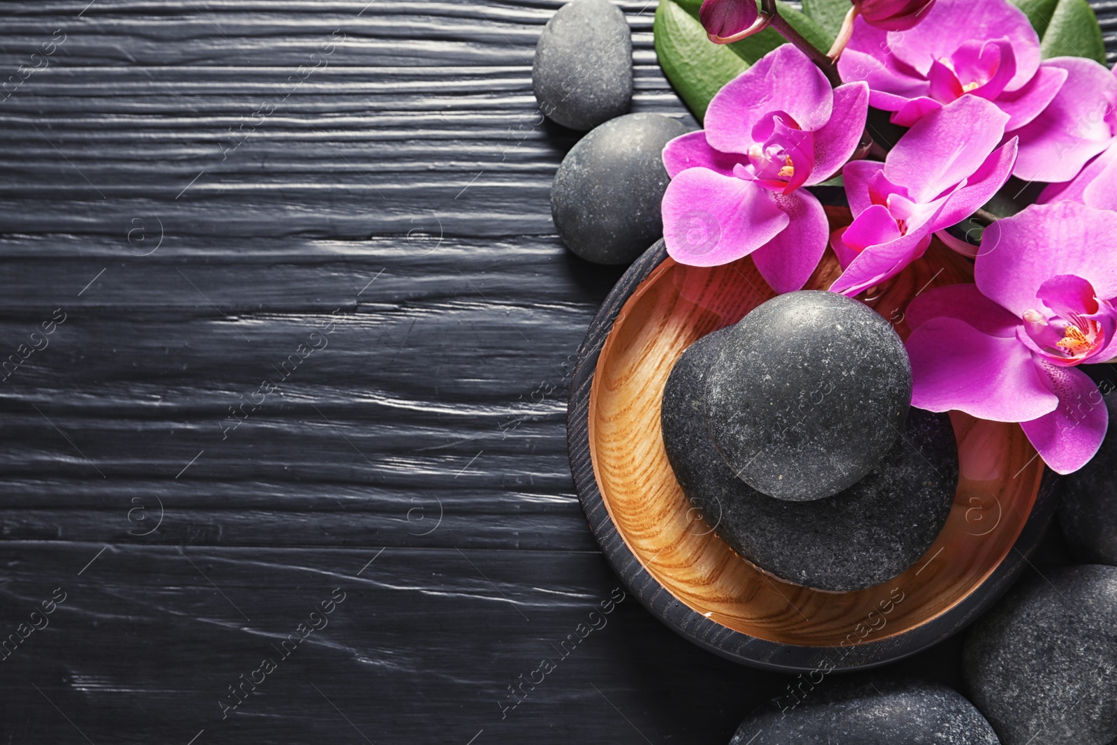 Photo of Composition with orchid flowers and spa stones on dark wooden background, top view. Space for text