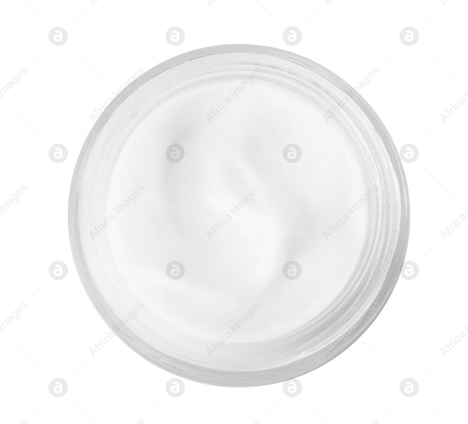 Photo of Jar of organic cream isolated on white, top view