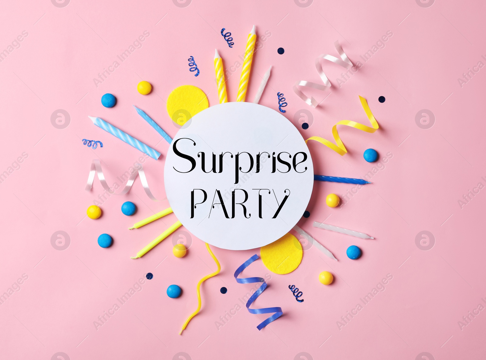 Image of Flat lay composition with different items for surprise party on pink background