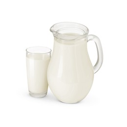 Image of Glass and jug with milk isolated on white