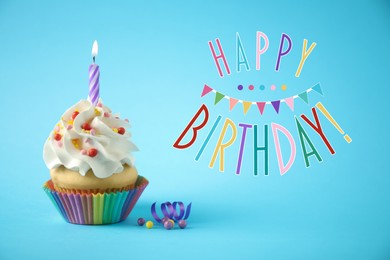 Image of Happy Birthday! Delicious cupcake with candle on light blue background.