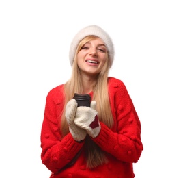 Photo of Portrait of young woman in stylish hat and sweater with paper coffee cup on white background. Winter atmosphere