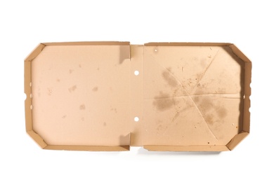 Open cardboard pizza box on white background, top view