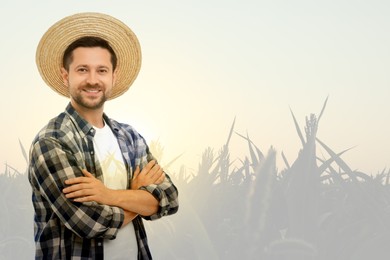 Double exposure of happy farmer and wheat field. Space for text