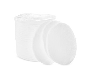 Photo of Stack of clean cotton pads on white background
