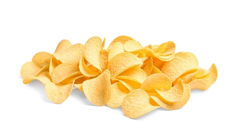 Tasty crispy potato chips on white background