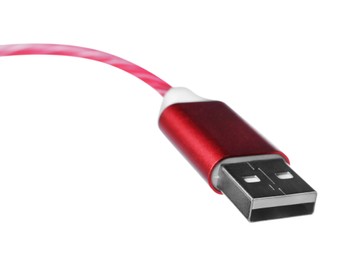 Photo of Red USB cable isolated on white. Modern technology