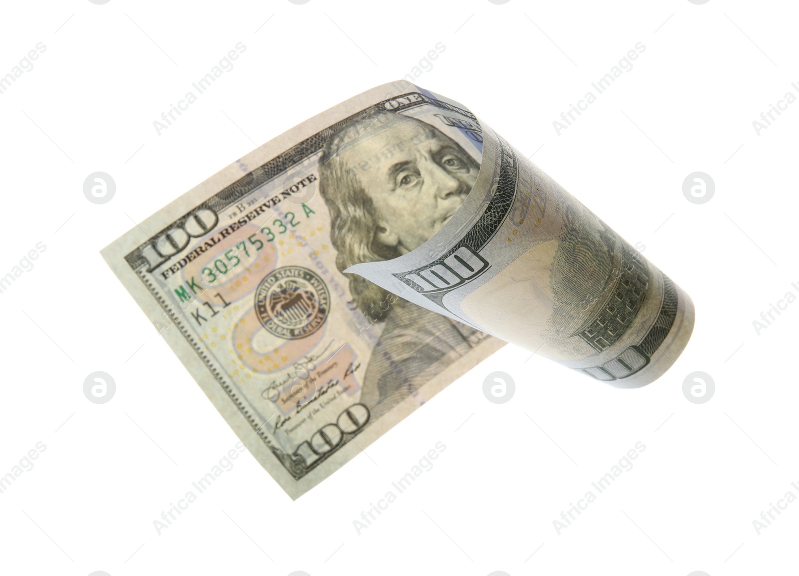 Photo of One hundred dollar banknote on white background. American national currency