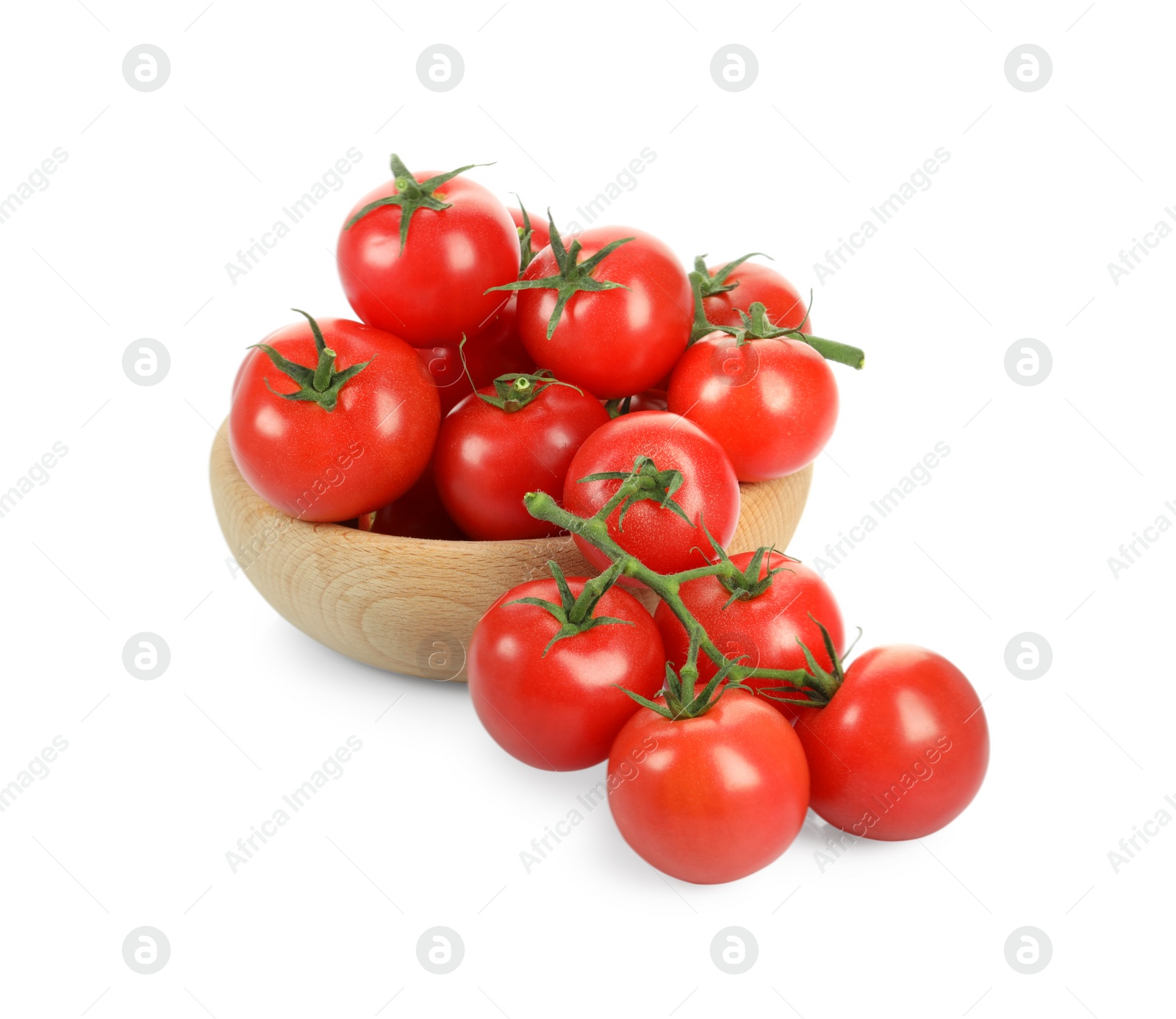 Photo of Bowl with fresh ripe cherry tomatoes isolated on white