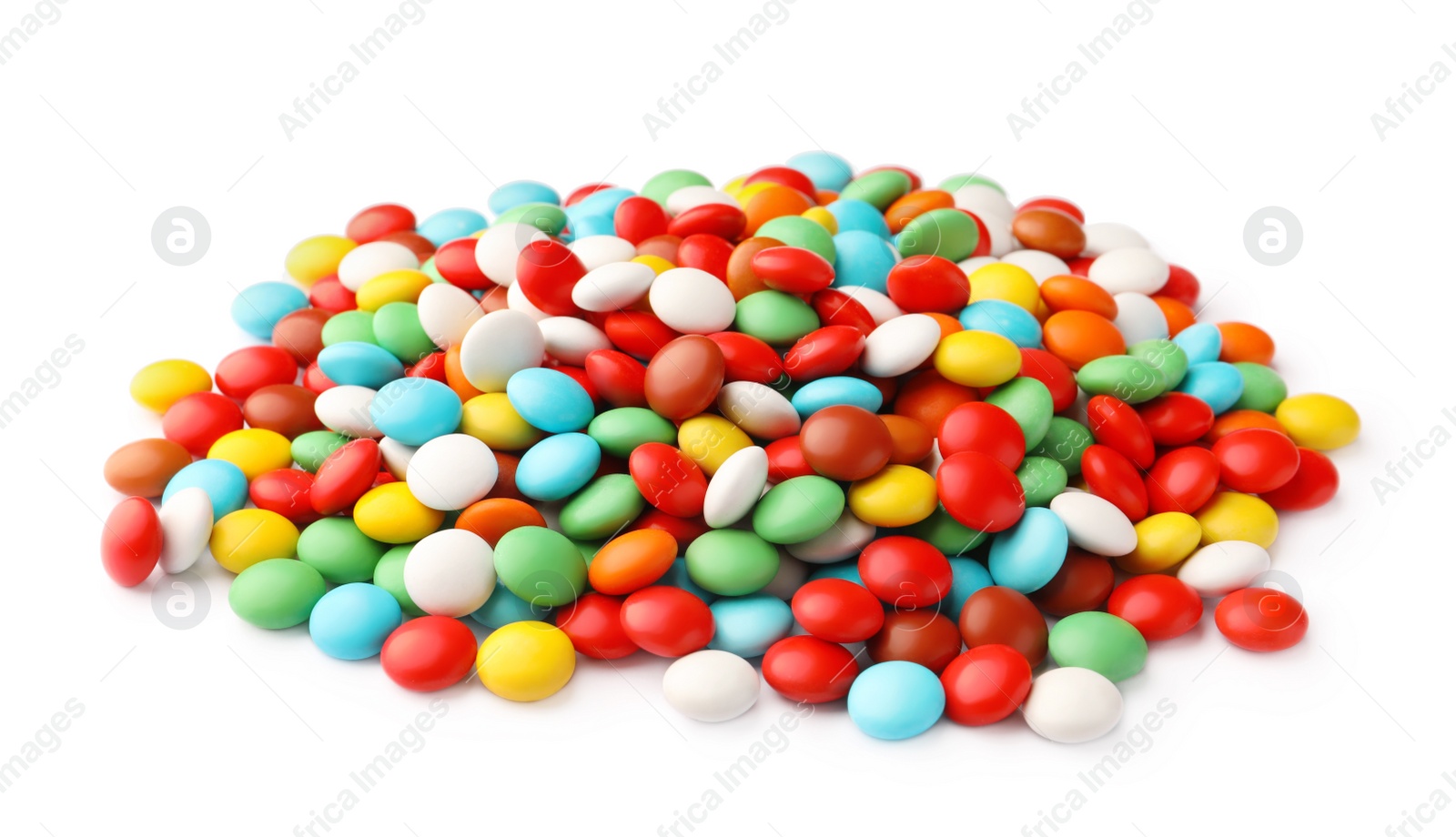 Photo of Many small colorful candies on white background