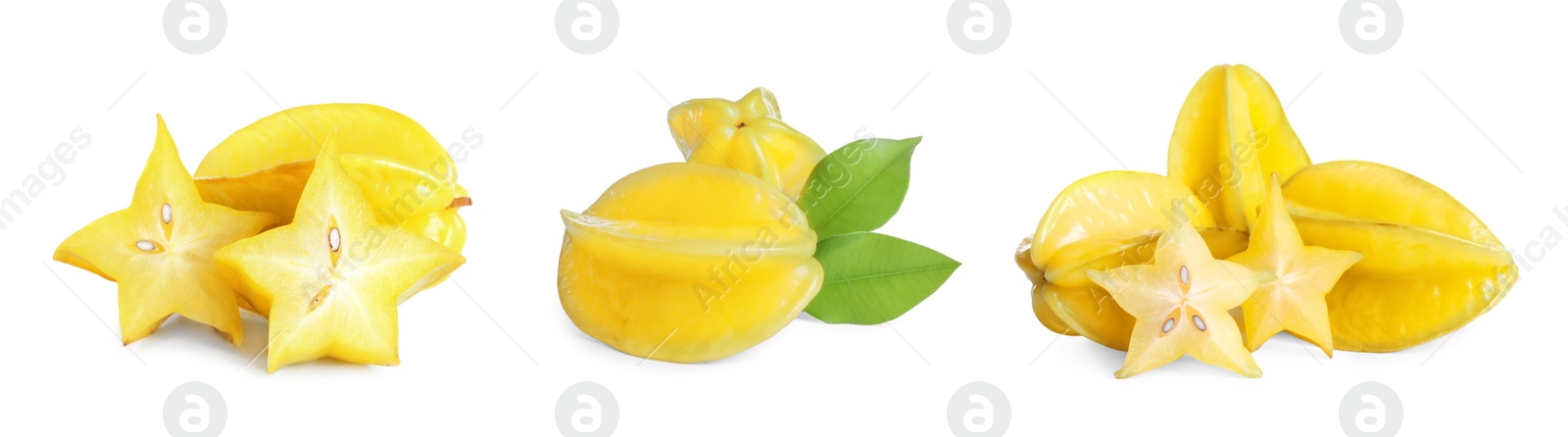 Image of Set with delicious ripe carambola fruits on white background, banner design