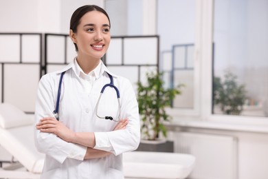 Photo of Medical consultant with stethoscope in clinic, space for text