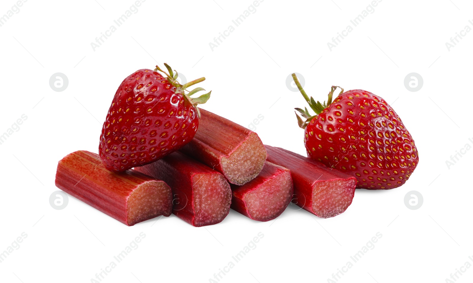 Photo of Stalks of fresh rhubarb and strawberries isolated on white