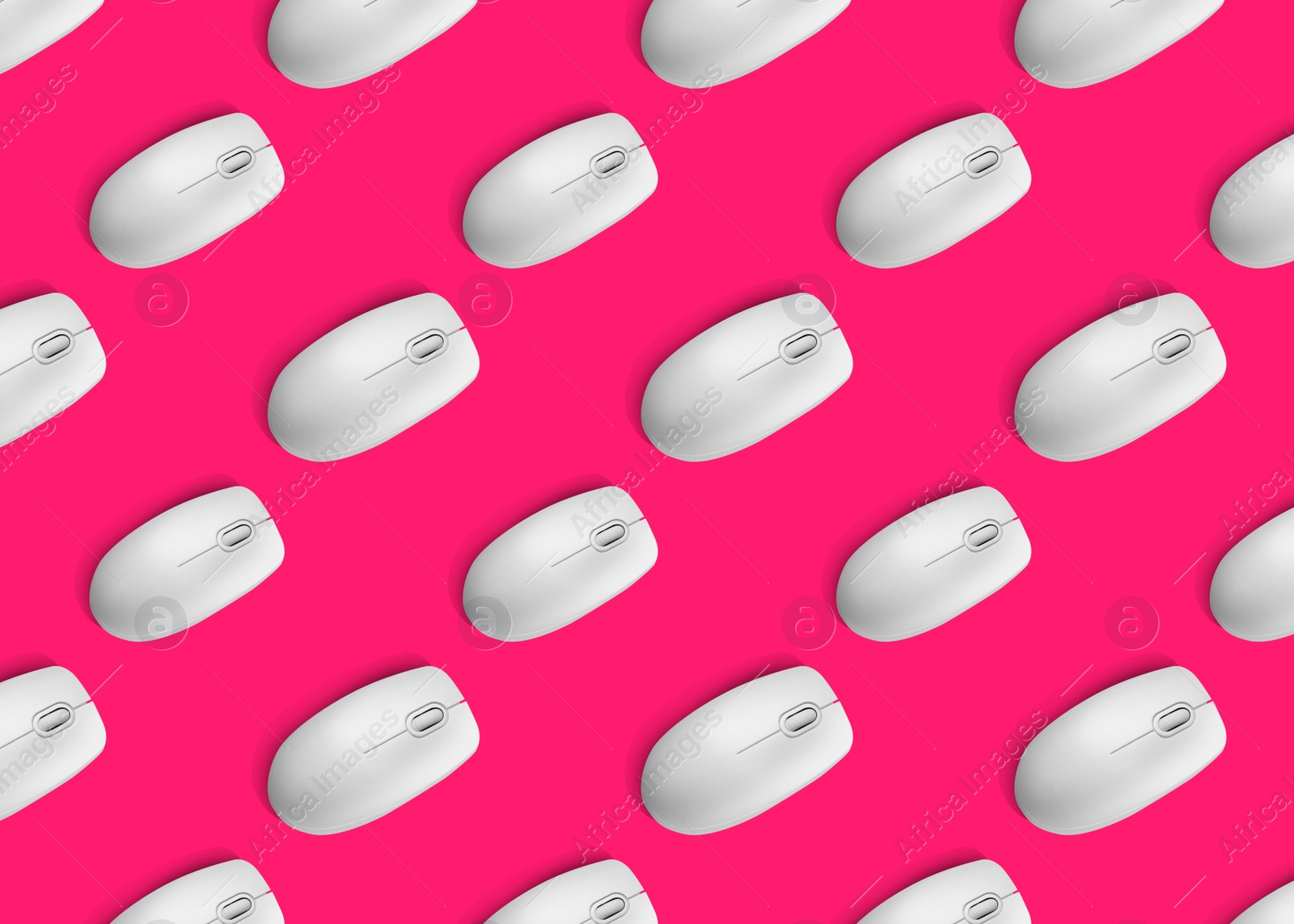 Image of Many white computer mouses on bright pink background, flat lay. Seamless pattern design