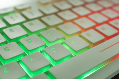 Photo of Modern keyboard with RGB lighting, closeup view