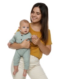 Beautiful mother with her cute baby on white background