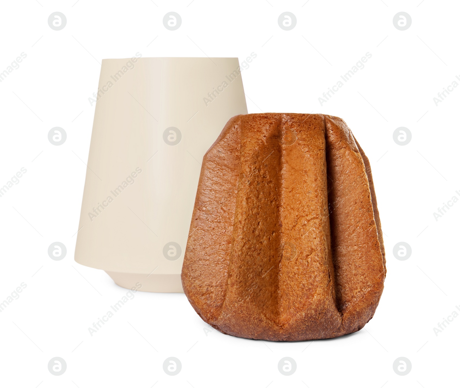 Photo of Delicious Pandoro cake and box on white background. Traditional Italian pastry