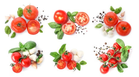 Set of ripe red tomatoes, mozzarella balls, garlic and peppers mix on white background, top view