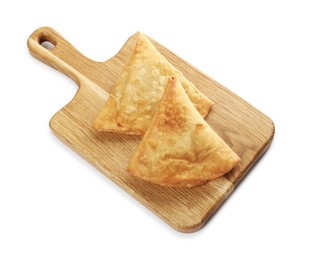 Photo of Fresh delicious crispy samosas on white background, above view