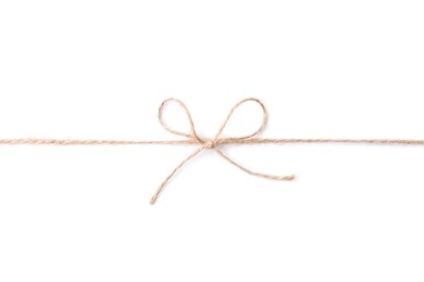 Linen rope string with bow isolated on white, top view