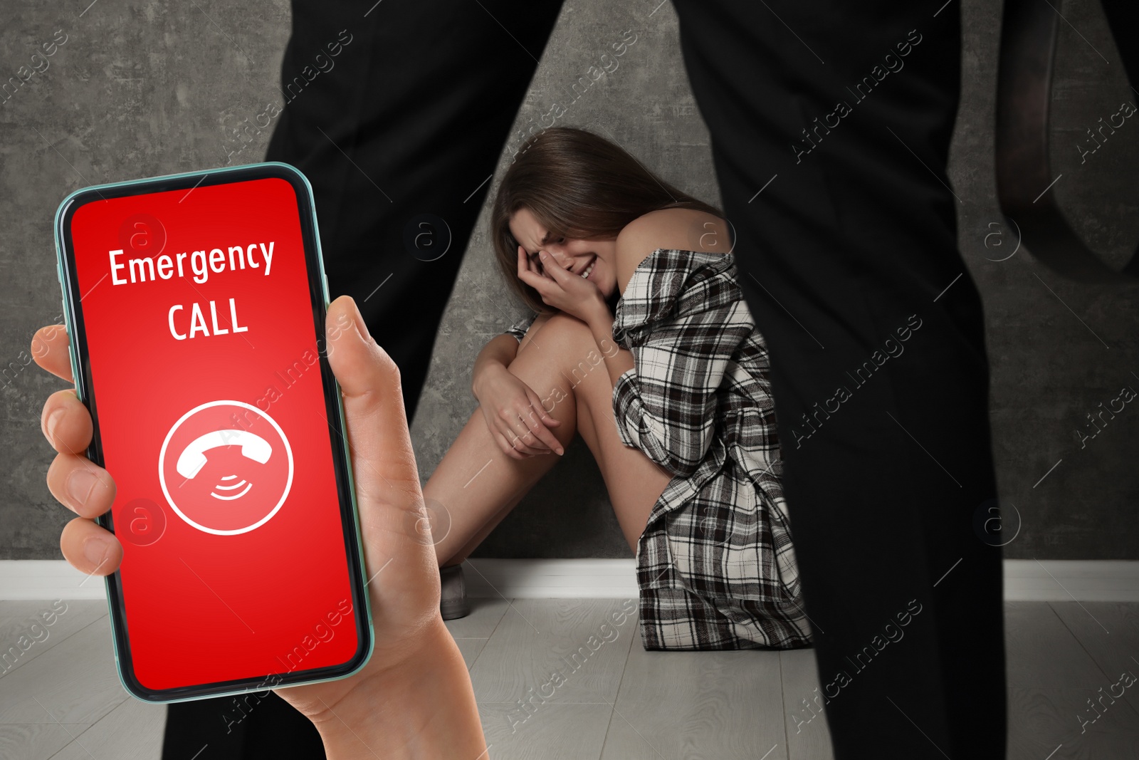 Image of Woman calling domestic violence hotline to prevent aggression upon girl