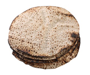 Photo of Tasty matzos on white background, above view. Passover (Pesach) celebration