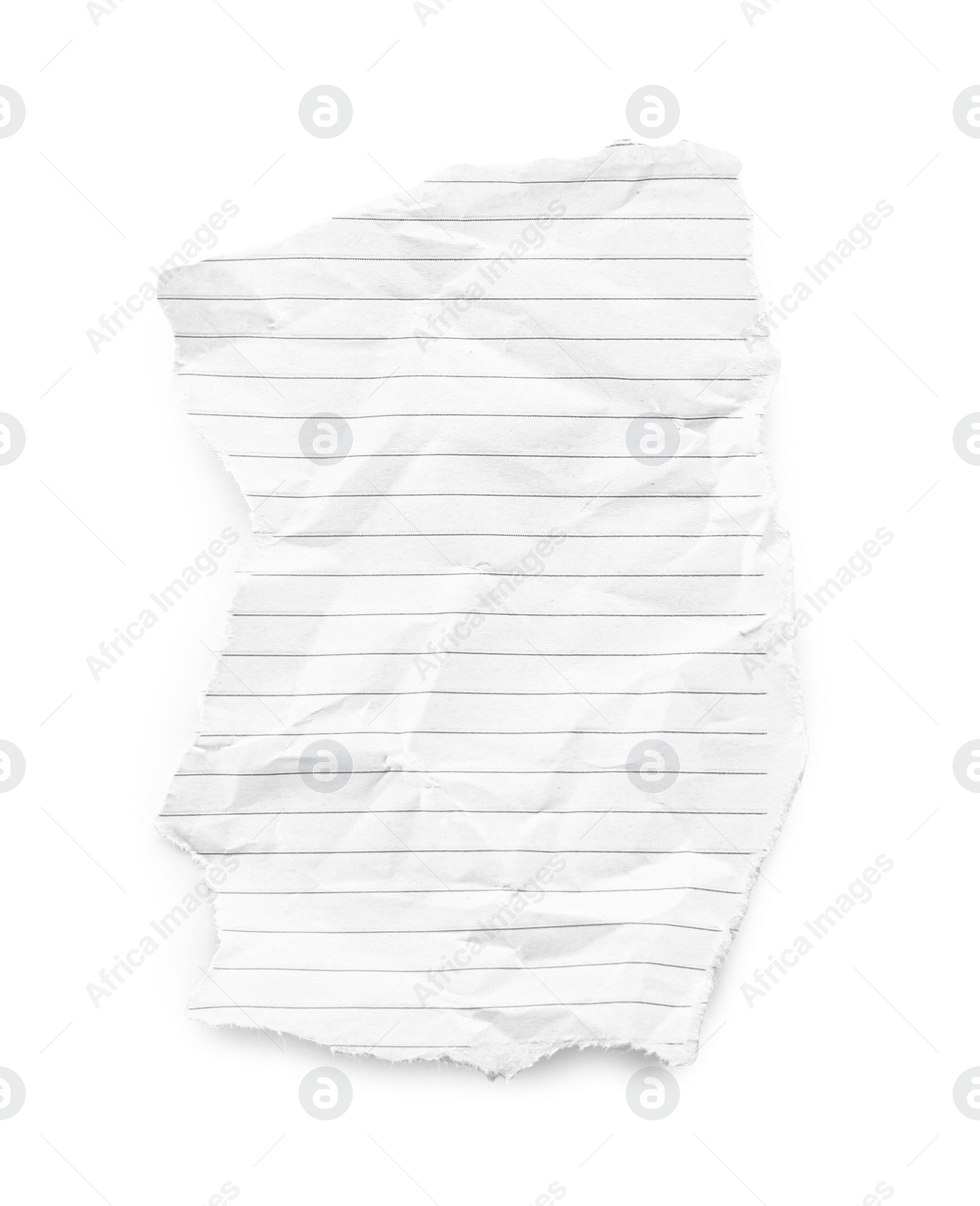 Photo of Piece of crumpled lined notebook sheet isolated on white, top view