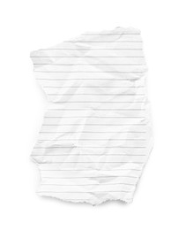 Photo of Piece of crumpled lined notebook sheet isolated on white, top view