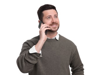 Handsome bearded businessman talking on smartphone against white background