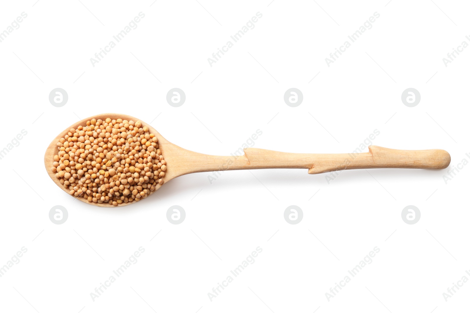 Photo of Spoon with mustard seeds on white background, top view