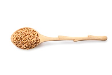 Spoon with mustard seeds on white background, top view