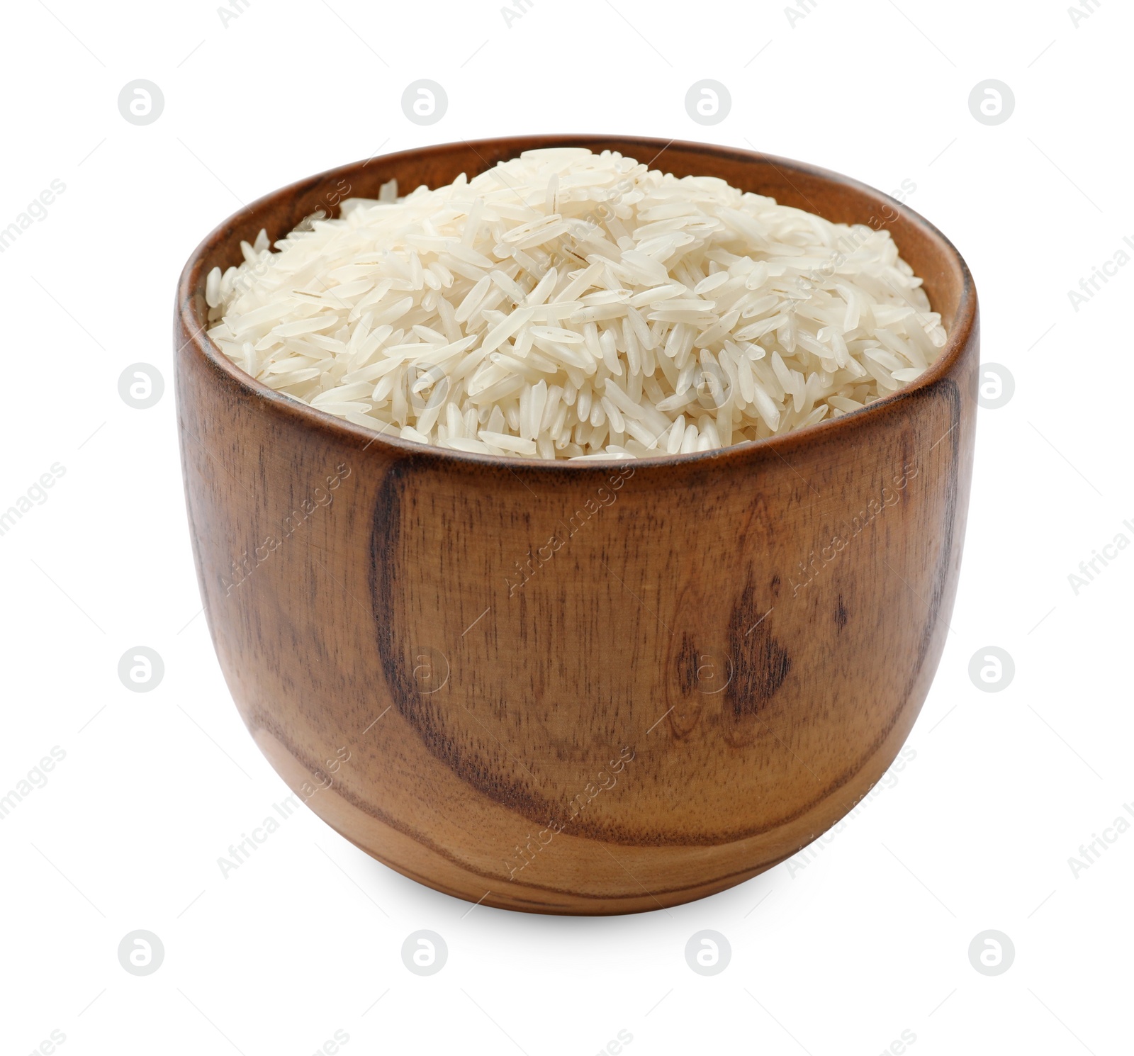 Photo of Raw basmati rice in bowl isolated on white