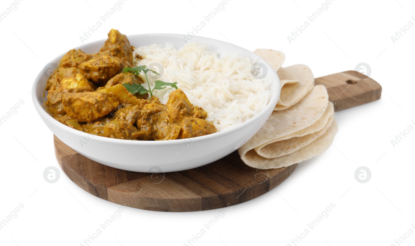 Photo of Delicious chicken curry with rice and tortillas isolated on white