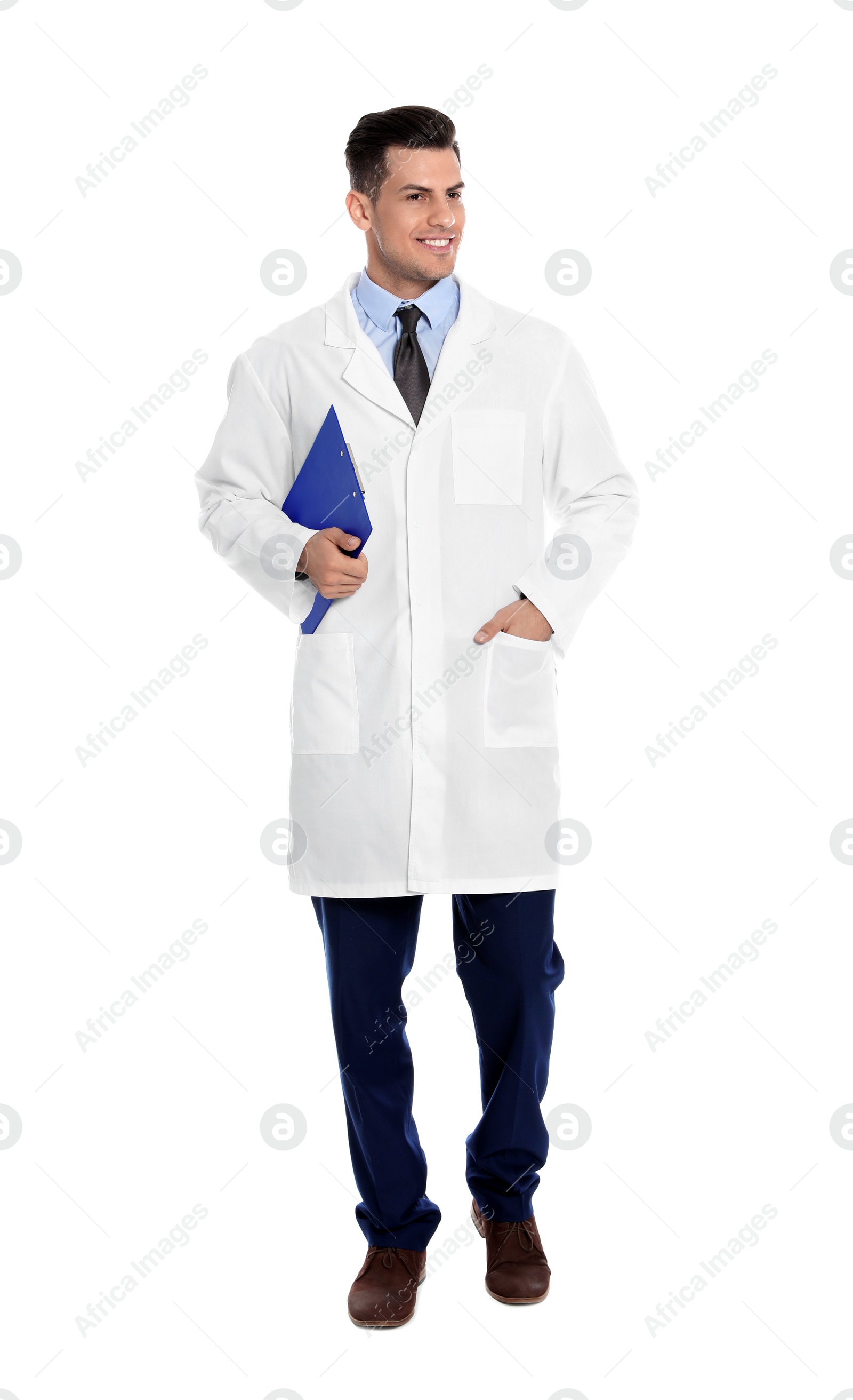 Photo of Full length portrait of medical doctor with clipboard isolated on white