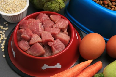 Photo of Raw meat in bowl and healthy products for pet on black background, closeup