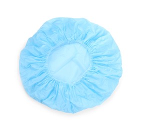 Photo of Light blue shower cap isolated on white, top view