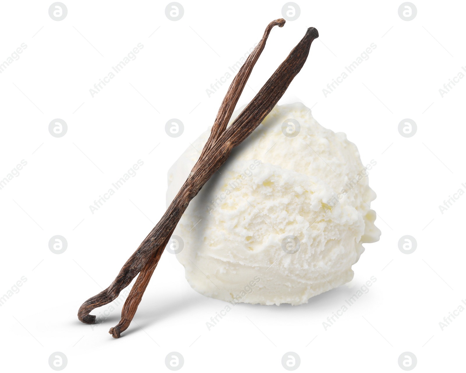Image of Scoop of delicious vanilla ice cream and vanilla pods isolated on white