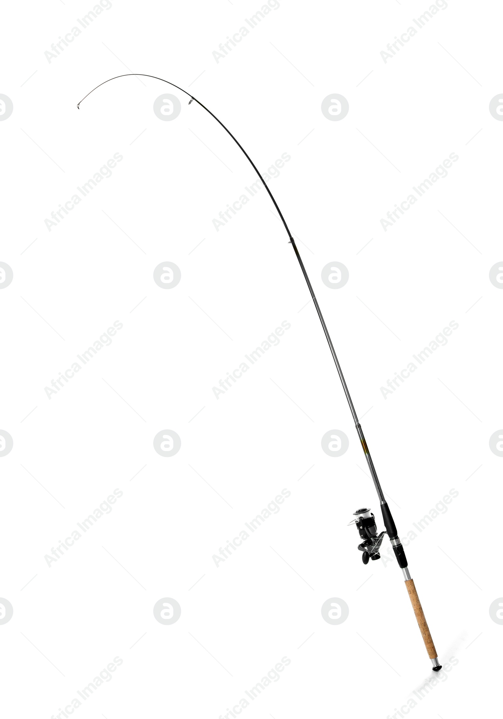 Photo of Fishing rod on white background. Angling equipment