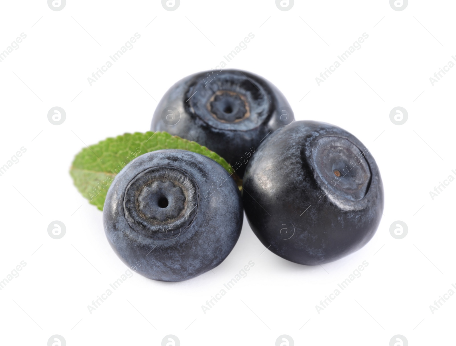 Photo of Delicious ripe bilberries and green leaf isolated on white. Seasonal berries