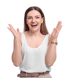 Beautiful happy businesswoman posing on white background