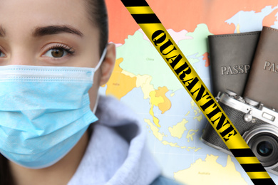 Image of Stop travelling during coronavirus quarantine. Woman with medical mask and yellow awareness ribbon